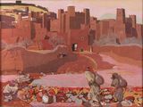 a picture of a painting of some people in the desert