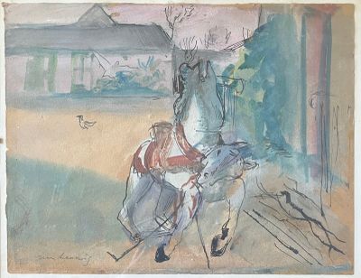 painting of a man riding a horse with a woman sitting on the back