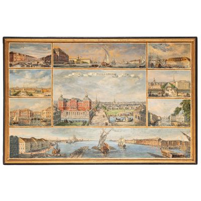 tableau représentant une vue de ville avec des bateaux sur l'eau