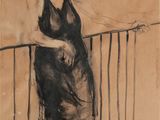 dessin représentant une femme en robe noire appuyée contre une balustrade