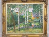 an image of a painting of a park with trees and a bench