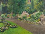un tableau représentant un jardin avec des fleurs et des arbres