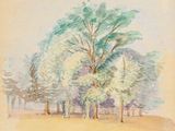 une image représentant une aquarelle représentant des arbres dans un champ