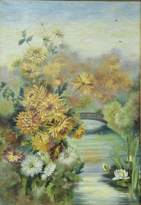 a painting of flowers in a vase on a table