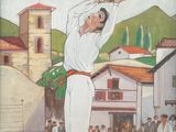 un tableau représentant un homme tenant une batte en l'air