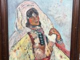 une peinture à l'huile représentant une femme en robe rouge tenant un verre