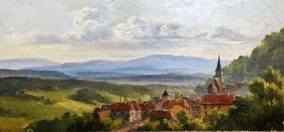 peinture représentant une vue d'un village avec une église au premier plan