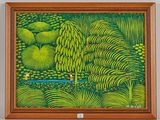 painting of a green landscape with trees and a man in a boat
