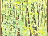 a painting of a painting of a forest with trees