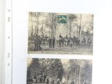 two old photos of people riding horses in the woods