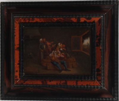 an oil painting of a group of people sitting in a room