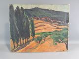 an oil painting of a landscape with trees and hills in the background