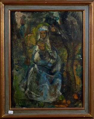 une peinture à l'huile représentant une femme tenant un enfant dans ses bras