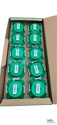une boîte en carton remplie d'une multitude de disques verts
