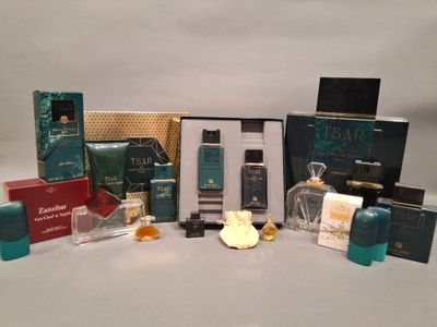 Plusieurs types de parfums sont présentés sur une surface blanche