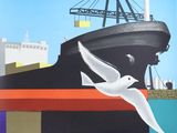 une image représentant une affiche sur laquelle figurent un bateau et une mouette volant au-dessus de l'eau