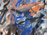 an abstract painting of blue, orange and black paint on a white background