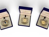three gold coins are in a blue box on a white surface