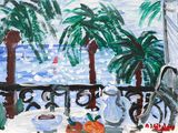 un tableau représentant un balcon avec vue sur l'océan