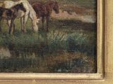a painting of a group of horses grazing in a field