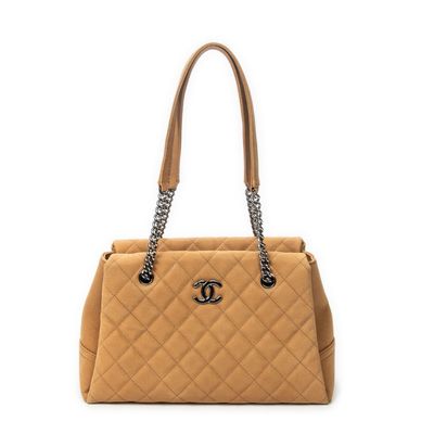 chanel camel quilted leather tote bag