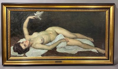 une image représentant un tableau d'une femme nue allongée sur un lit, avec une colombe