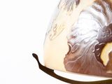 a glass vase that has a brown and white design on it