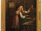 painting of a man and a woman looking at a bird in a room