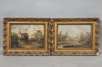 pair of 19th century oil paintings on canvas of rural scene