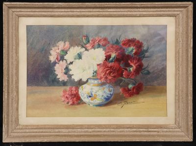 a painting of flowers in a vase on a table