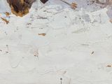 a painting of a snowy landscape with a mountain in the background