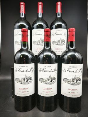six bouteilles de vin rouge sont alignées sur un comptoir