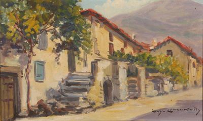 painting of a street scene with a car parked on the side of the road