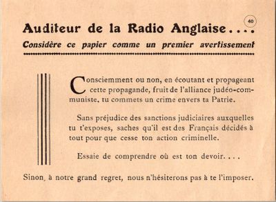 an old french newspaper advertises radio angaise, with a black and white image of a man