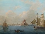 un tableau représentant un bateau sur l'eau, avec un phare en arrière-plan
