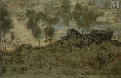 an image of a painting of a landscape with trees and rocks