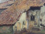 painting of an old building with a red roof and a brown roof