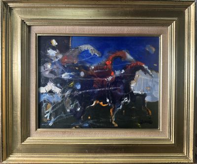 une peinture à l'huile représentant un groupe de chevaux galopant dans un champ