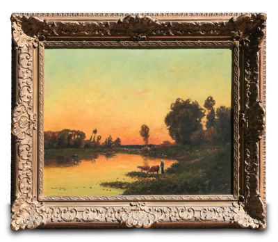 an image of a painting of a sunset over a lake