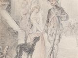 dessin représentant un homme et une femme accompagnés d'un chien devant un immeuble