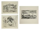 trois dessins représentant un paysage avec des arbres et une maison