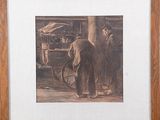 painting of a man standing in front of a horse drawn carriage