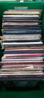 beaucoup de disques dans un bac vert posé sur la table