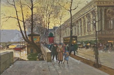 un tableau représentant des personnes marchant sur le trottoir sous la pluie