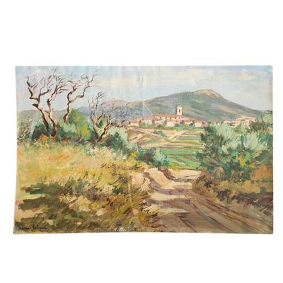 une peinture à l'huile représentant un chemin de terre menant à un village