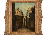 an oil painting of a street scene with a man walking down the street