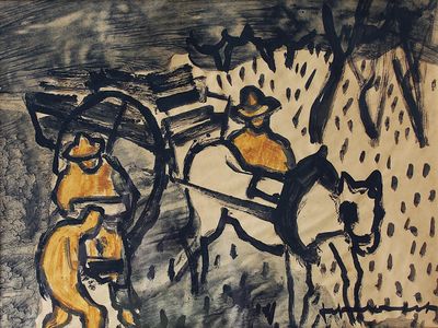un dessin représentant un homme à cheval et une femme assise sur un banc
