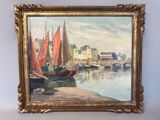 painting of boats in a harbor with a bridge in the background