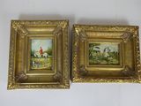 two framed paintings of a man and a dog in a landscape