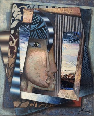 peinture abstraite représentant le visage d'une femme, accompagnée d'un collage d'images